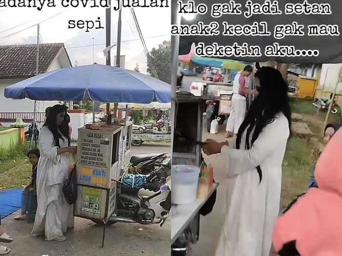 Wanita yang menjual papeda telur puyuh ini viral karena mengenakan kostum kuntilanak.