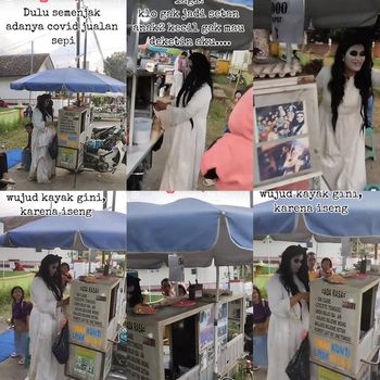 Wanita yang menjual papeda telur puyuh ini viral karena mengenakan kostum kuntilanak.