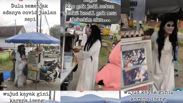 Wanita yang menjual papeda telur puyuh ini viral karena mengenakan kostum kuntilanak.