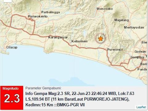 Gempa darat M 2,3 di Purworejo, Kamis (22/6/2023) malam.
