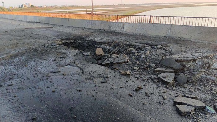 Russian-installed leader of Ukraines Kherson region Vladimir Saldo inspects the damaged Chonhar bridge connecting Russian-held parts of Kherson region to the Crimean peninsula, following what Russian-appointed officials say was a Ukrainian missile attack, in this still image taken from video released June 22, 2023. Russian-installed leader of the Kherson region Vladimir Saldo via Telegram/Handout via REUTERS ATTENTION EDITORS - THIS IMAGE HAS BEEN SUPPLIED BY A THIRD PARTY. NO RESALES. NO ARCHIVES. MANDATORY CREDIT.