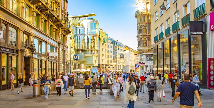 Vienna, Austria - 10 September, 2021: Central Carinthian Street (Karntner strasse) in Wien old town, people walking on busy shopping street
