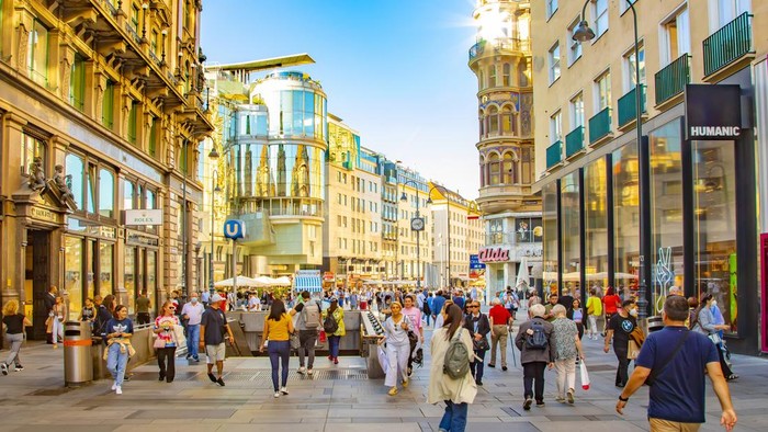 Vienna, Austria - 10 September, 2021: Central Carinthian Street (Karntner strasse) in Wien old town, people walking on busy shopping street