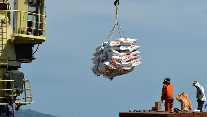Pekerja membongkar beras impor asal Thailand dari kapal kargo berbendera Vietnam di Pelabuhan Malahayati, Krueng Raya, Kabupaten Aceh Besar, Aceh, Kamis (22/6/2023). Perum Bulog provinsi Aceh mendapatkan pasokan beras impor  sejak Januari hingga 23 Juni 2023 dengan total sebanyak 36.841 ton yang dilakukan dalam tiga tahap sebagai cadangan beras pemerintah untuk menjamin ketersediaan dan stabilitas harga. ANTARA FOTO/Ampelsa/foc.