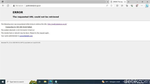Tangkapan layar website PPDB Provinsi Babel error.