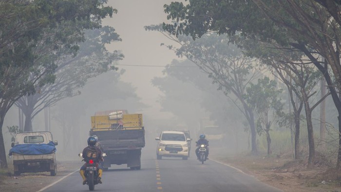 Kota Banjarbaru Dikepung Asap Kebakaran Lahan, Ganggu Penerbangan Pengendara kendaraan bermotor melintas di tengah kabut asap akibat kebakaran lahan di Kecamatan Liang Anggang, Banjarbaru, Kalimantan Selatan, Jumat (23/6/2023). Berdasarkan tabel kualitas udara Badan Meteorologi, Klimatologi dan Geofisika (BMKG) pada Jumat (23/6) kualitas udara di Banjarbaru mengalami kenaikan dari baik ke sedang hal ini diakibatkan salah satunya dampak kabut asap dari kebakaran hutan dan lahan (karhutla) yang mulai meluas di Kalsel. ANTARA FOTO/Bayu Pratama S.