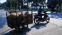 Penyedia jasa ojek kambing melintas di Jalan Pantura, Desa Kirig, Mejobo, Kudus, Jawa Tengah, Jumat (23/6/2023).  