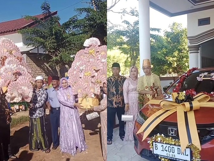 Rombongan pengantin pria yang membawa buket uang ukuran jumbo dalam bentuk kipas, total uang tunai ratusan juta viral di media sosial. Selain uang tunai, pengantin pria juga memberikan mobil baru lengkap dengan BPKB.