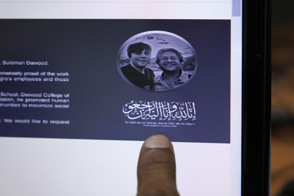 The Engro Corporation Limited's website shows a picture of its vice chairman of Shahzada Dawood, and his son Suleman Dawood with condolence massage, on a computer, in Islamabad, Pakistan, Friday, June 23, 2023. The missing submersible Titan imploded near the wreckage of the Titanic, killing all five people, Shahzada Dawood, Suleman Dawood, Paul-Henry Nargeolet, Stockton Rush, and Hamish Harding, the U.S. Coast Guard announced on Thursday. (AP Photo/Anjum Naveed)
