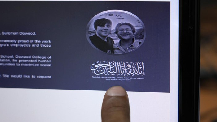 The Engro Corporation Limiteds website shows a picture of its vice chairman of Shahzada Dawood, and his son Suleman Dawood with condolence massage, on a computer, in Islamabad, Pakistan, Friday, June 23, 2023. The missing submersible Titan imploded near the wreckage of the Titanic, killing all five people, Shahzada Dawood, Suleman Dawood, Paul-Henry Nargeolet, Stockton Rush, and Hamish Harding, the U.S. Coast Guard announced on Thursday. (AP Photo/Anjum Naveed)
