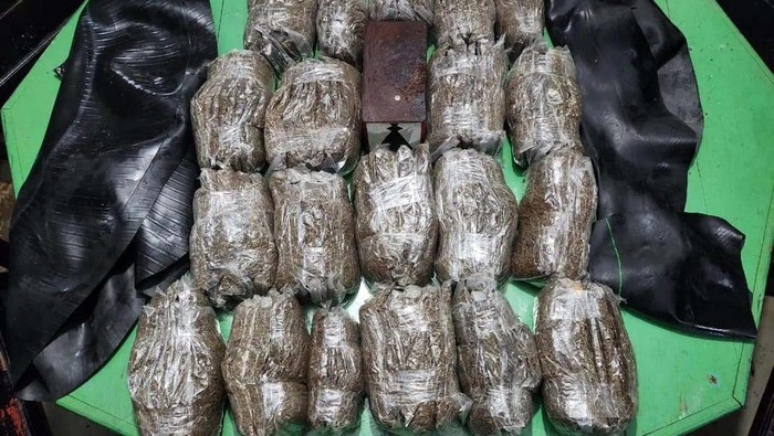Satuan Tugas (Satgas) Pengamanan Perbatasan (Pamtas) RI-PNG Yonif 132/BS menggagalkan upaya penyelundupan 20 paket seberat 8,254 gram ganja di tengah hutan belantara perbatasan Skow-Wutung, Distrik Muara Tami, Kita Jayapura, Papua, Minggu (18/6/2023).