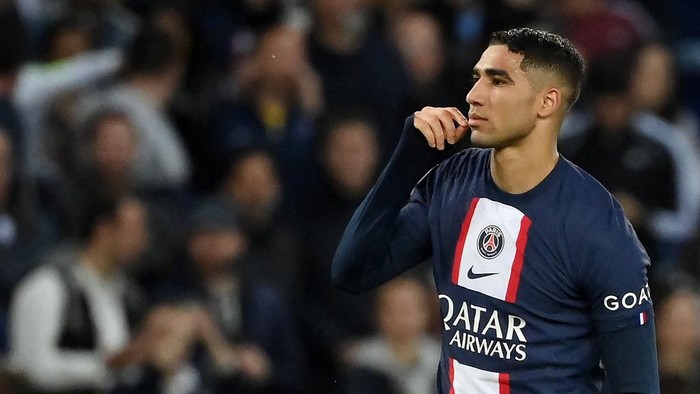 Paris Saint-Germains Moroccan defender  Achraf Hakimi reacts after scoring his teams second goal during the French L1 football match between Paris Saint-Germain (PSG) and Ajaccio at the Parc des Princes in Paris on May 13, 2023. (Photo by FRANCK FIFE / AFP)