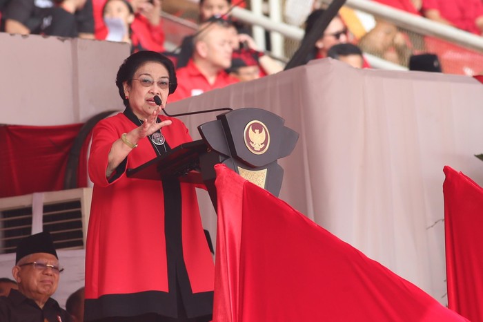 Ketua Umum PDIP Megawati Soekarnoputri di acara puncak Bulan Bung Karno (BBK) di Stadion Gelora Bung Karno, Jakarta, Sabtu (24/6/2023).