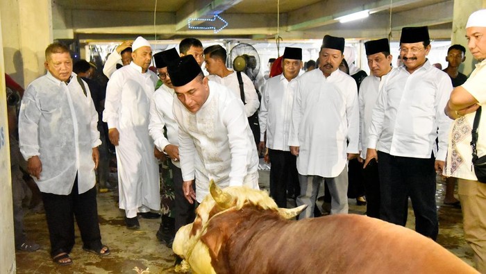 Gubernur Sumatera Utara Edy Rahmayadi menyerahkan bantuan hewan kurban di Masjid Agung Medan, Jalan Pangeran Diponegoro Medan, pada Iduladha beberapa tahun yang lalu.