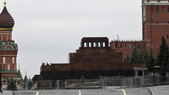 Two servicemen stand on a tribune of Lenin mausoleum closed due to security reasons, Red Square in Moscow, Russia, Saturday, June 24, 2023. (AP Photo)