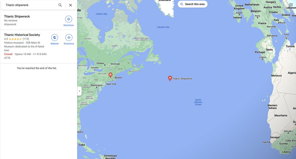 Lokasi bangkai kapal Titanic di Google Maps