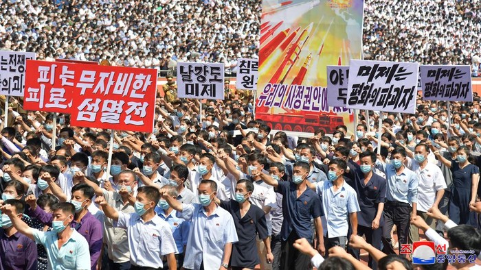 People attend a mass rally denouncing the U.S. in Pyongyang, North Korea, June 25, 2023 in this photo released by North Korea's Korean Central News Agency (KCNA).   KCNA via REUTERS    ATTENTION EDITORS - THIS IMAGE WAS PROVIDED BY A THIRD PARTY. REUTERS IS UNABLE TO INDEPENDENTLY VERIFY THIS IMAGE. NO THIRD PARTY SALES. SOUTH KOREA OUT. NO COMMERCIAL OR EDITORIAL SALES IN SOUTH KOREA.