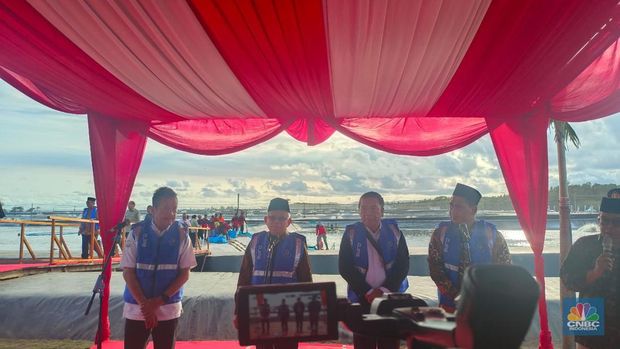 Wakil Presiden Republik Indonesia Ma'ruf Amin bersama Menteri Kelautan dan Perikanan Sakti Wahyu Trenggono melakukan panen raya siklus 1 di tambak Budidaya Udang Berbasis Kawasan (BUBK) Kebumen, Jawa Tengah pada hari ini, Senin (26/6/2023). (CNBC Indonesia/Martyasari)