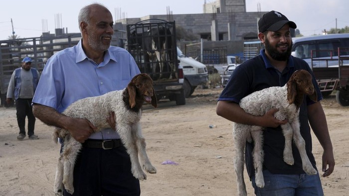Palestinians carry sheep after buying it at a livestock market in preparation for the upcoming Muslim Eid al-Adha holiday in Bureij refugee camp, central Gaza Strip, Thursday, June 22, 2023. Eid al-Adha, or Feast of Sacrifice, Islam's most important holiday marks the willingness of the Prophet Ibrahim (Abraham to Christians and Jews) to sacrifice his son. (AP Photo/Adel Hana)