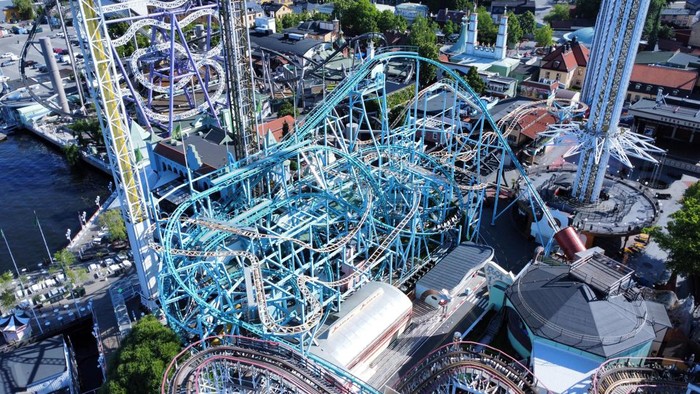 SWEDEN-ACCIDENT/ Aerial view of the Grona Lund amusement park, where one person was killed and nine injured on the Jetline roller coaster, in Stockholm, Sweden June 26, 2023. Marko Saavala/TT News Agency/via REUTERS ATTENTION EDITORS - THIS IMAGE WAS PROVIDED BY A THIRD PARTY. SWEDEN OUT. NO COMMERCIAL OR EDITORIAL SALES IN SWEDEN.