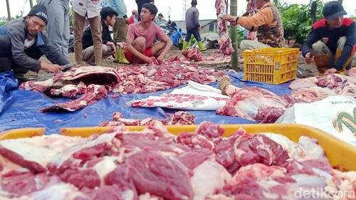 Penampakan daging hewan kurban menumpuk dan proses penyembelihan distribusi di Dusun Krajan Desa Batur, Banjarnegara.