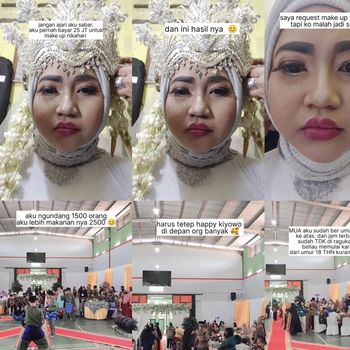 Wanita ini membagikan beberapa foto hasil makeup Rp 25 juta yang sudah ia bayar, ketika hari H pernikahan. Dia kecewa dengan hasil makeupnya yang tidak sesuai dengan ekspetasi.