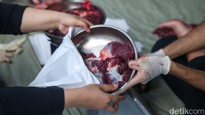 Sejumlah petugas tengah melakukan penyembelihan hewan qurban di Masjid Sunda Kelapa, Jakarta, Kamis (29/6/2023). Pada Idul Adha 1444 H kali ini, Masjid Sunda Kelapa menyembelih kambing, domba dan sapi.