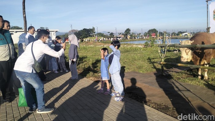 Warga berfoto dengan sapi Gubernur Jabar Ridwan Kamil yang akan disembelih di Idul Adha 2023 ini.