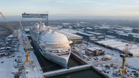 Inilah kapal pesiarnya. Icon of the Seas sedang dibangun di galangan kapal Meyer Turku, salah satu pembuat kapal terkemuka Eropa, di Turku, Finlandia.