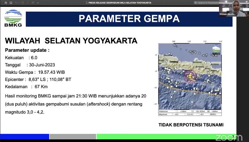 Konferensi pers gempabumi M 6.4 di Selatan Daerah Istimewa Yogyakarta. (YouTube/Info BMKG)