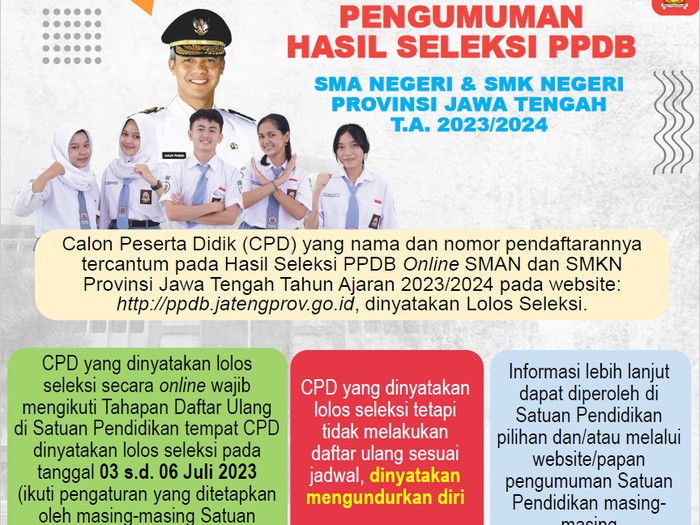 Poster pengumuman hasil seleksi PPDB SMAN-SMKN Jawa Tengah, Jumat (30/6/2023).
