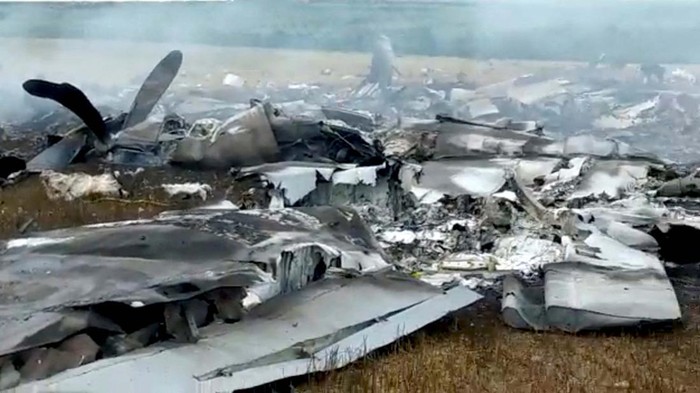 A view of debris of a downed Russian military plane, purportedly shot down by Wagner troops, in a field near Bugaevka, Voronezh Region, Russia, June 24, 2023, in this screengrab from social media video obtained by REUTERS THIS IMAGE HAS BEEN SUPPLIED BY A THIRD PARTY. NO RESALES. NO ARCHIVES.