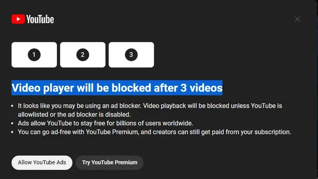 Peringatan YouTube untuk pengguna yang pakai ad blocker