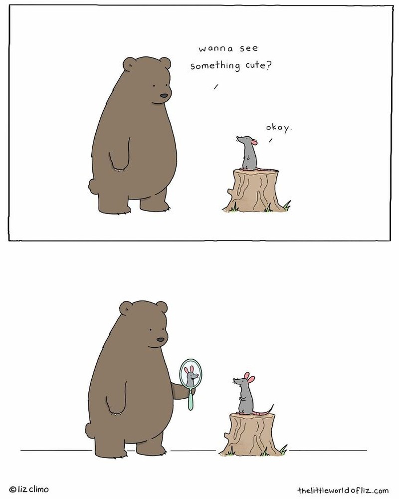 Seorang kartunis asal Amerika, Liz Climo, membuat ilustrasi binatang yang menggemaskan. Ia membuat komik, dengan membayangkan bagaimana para hewan berinteraksi sehari-harinya.