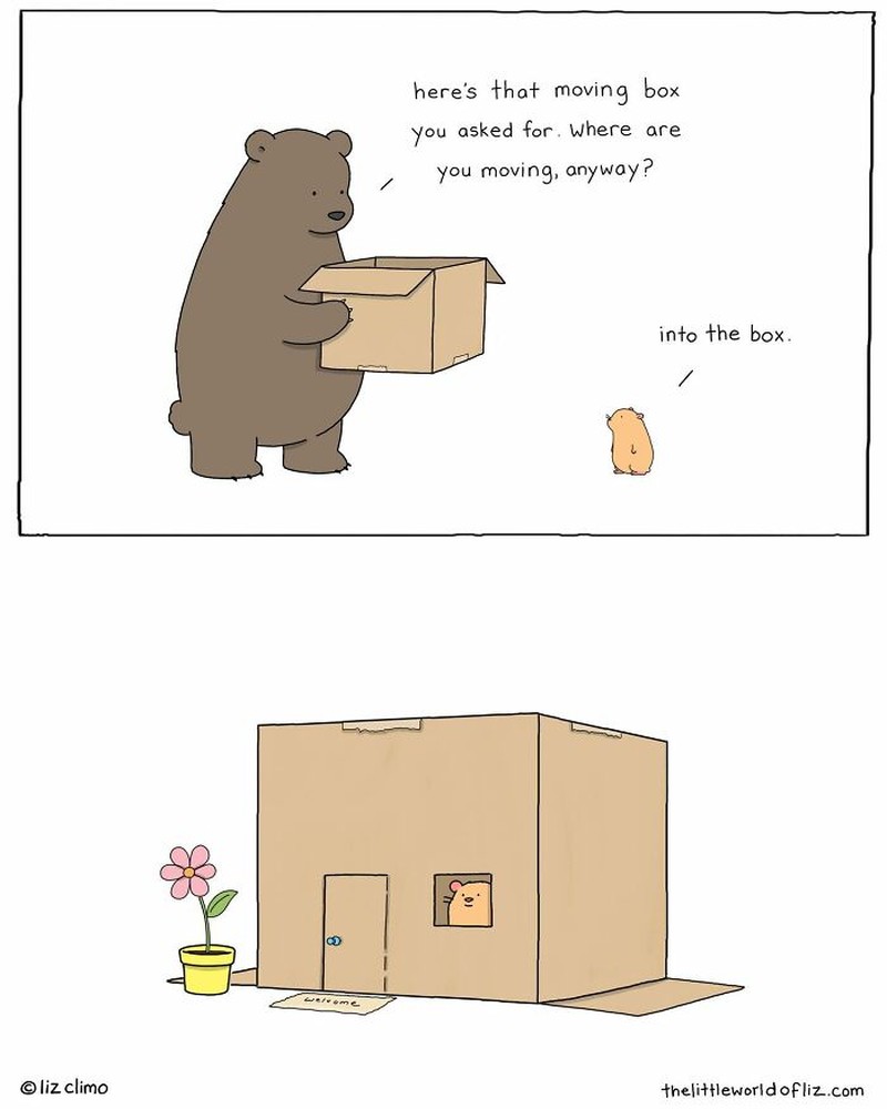 Seorang kartunis asal Amerika, Liz Climo, membuat ilustrasi binatang yang menggemaskan. Ia membuat komik, dengan membayangkan bagaimana para hewan berinteraksi sehari-harinya.