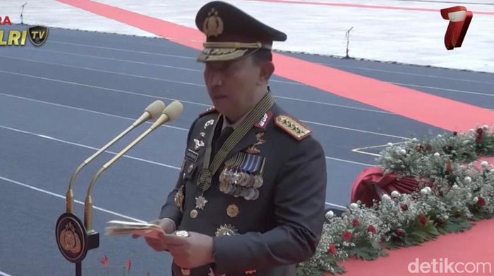 Kapolri Jenderal Listyo Sigit Prabowo di acara Hari Bhayangkara ke-77. (YouTube Polri TV)