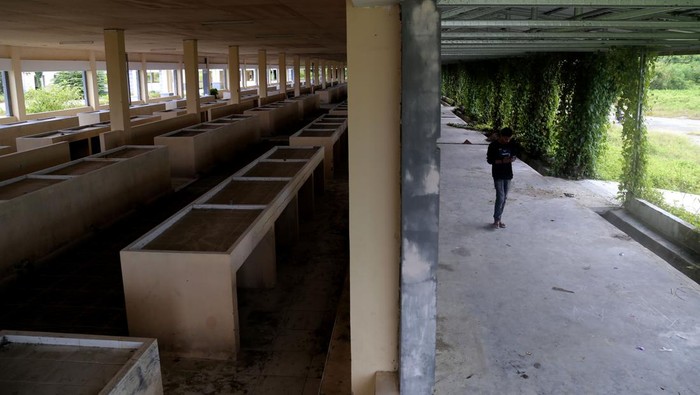 Kondisi pasar modern Saruma terbengkalai di Pulau Bacan Seorang warga melintas di pasar yang terbengkalai di Modern Saruma di Desa Tuwokona, Kabupaten Halmahera Selatan, Maluku Utara, Sabtu (1/7/2023).Pasar Saruma Center Bisnis Distrik (SCBD) yang diresmikan pada tahun 2021 oleh Pemerintah daerah setempat dengan anggaran mencapai Rp60 miliar tersebut kondisinya memprihatinkan dan terbengkalai tanpa aktivitas perdagangan di dalamnya karena ditinggalkanoleh para pedagang akibat sepi pembeli. ANTARA FOTO/Andri Saputra/foc.