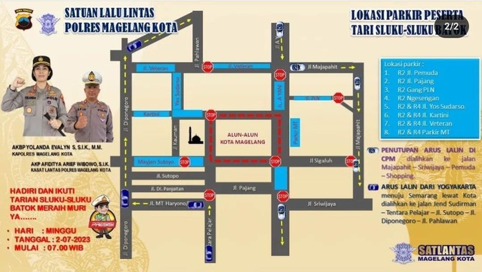 Rekayasa lalin Alun-alun Magelang saat pemecahan rekor Tarian Sluku-sluku Bathok, Minggu (2/7/2023).