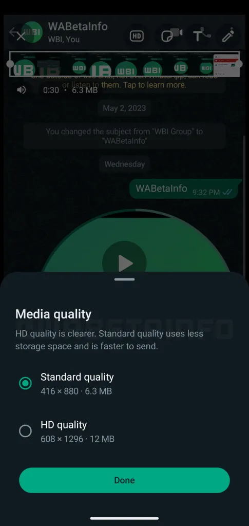 Tampilan fitur berbagi video kualitas tinggi di WhatsApp