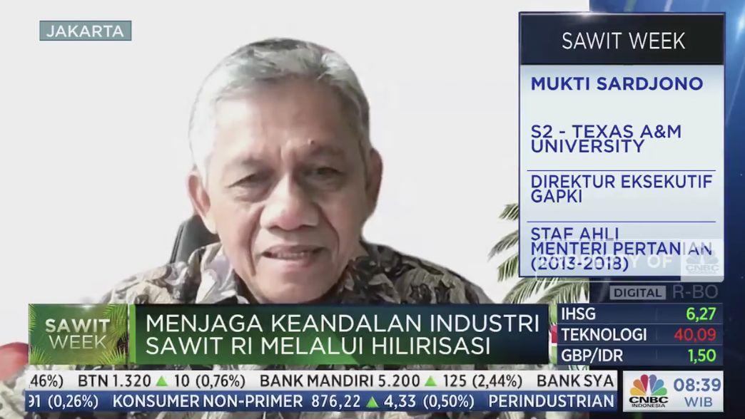 Direktur Eksekutif (GAPKI) Mukti Sardjono dalam acara Squawk Box, Sawit Week. (Tangkapan layar CNBC Indonesia TV)