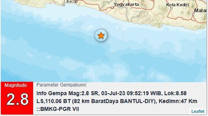 Gempa Bantul M 2,8, Senin (3/7/2023).