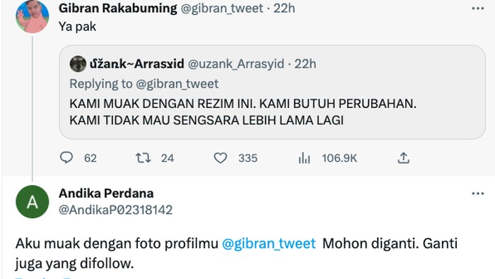 Gibran diminta mengganti foto profilnya.