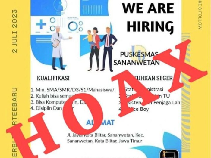 Info loker Puskesmas Sananwetan hoax