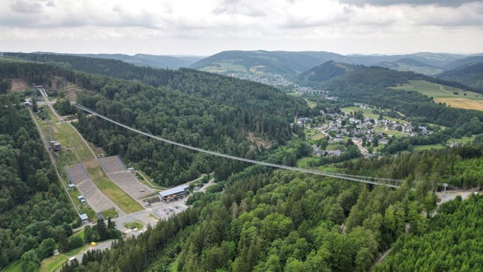 A view of Skywalk, the 664m world's longest free suspended steel rope bridge, built since January 2022 right next to the Nordic Skiing World Cup jumping hill Muehlenkopf Schanze in Willingen, Germany, June 29, 2023. REUTERS/Stephane Nitschke