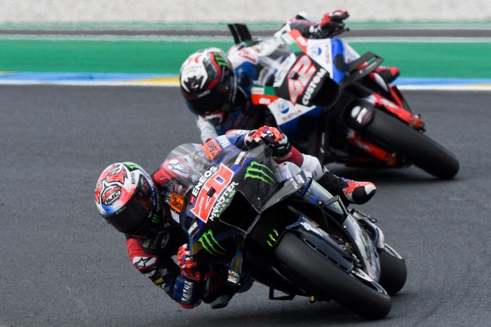 (FromL) Monster Energy Yamaha MotoGP French rider Fabio Quartararo competes ahead of LCR Honda Spanish rider Alex Rins during the 2nd free practice session ahead of the French MotoGP Grand Prix race of the French motorcycling Grand Prix, in Le Mans, northwestern France, on May 12, 2023. (Photo by Jean-Francois MONIER / AFP)