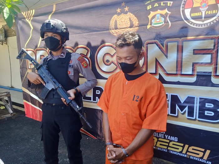 Tersangka pencurian empat ekor sapi di Kabupaten Jembrana saat digiring pihak kepolisian Polres Jembrana, Senin (3/7/2023). (I Putu Adi Budiastrawan/detikBali).