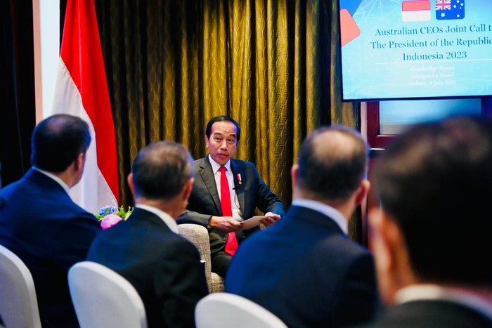 Presiden Jokowi melakukan kunjungan ke Australia, Selasa (3/7/2023). Jokowi mengawali kunjungannya dengan bertemu para pimpinan perusahaan terkemuka di Australia.