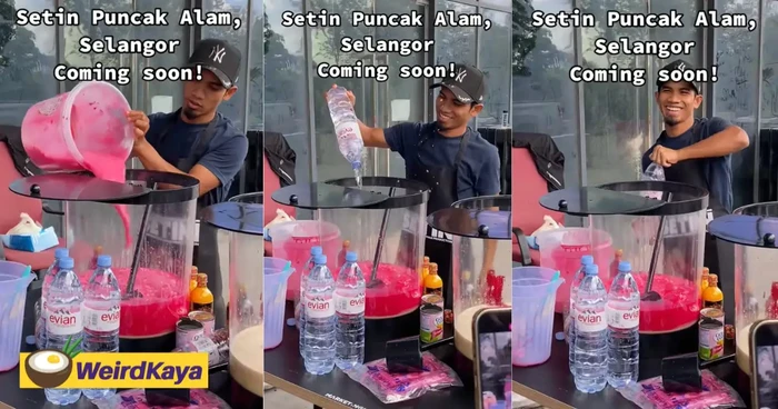 Penjual minuman kaki lima pakai air mineral merek Evian