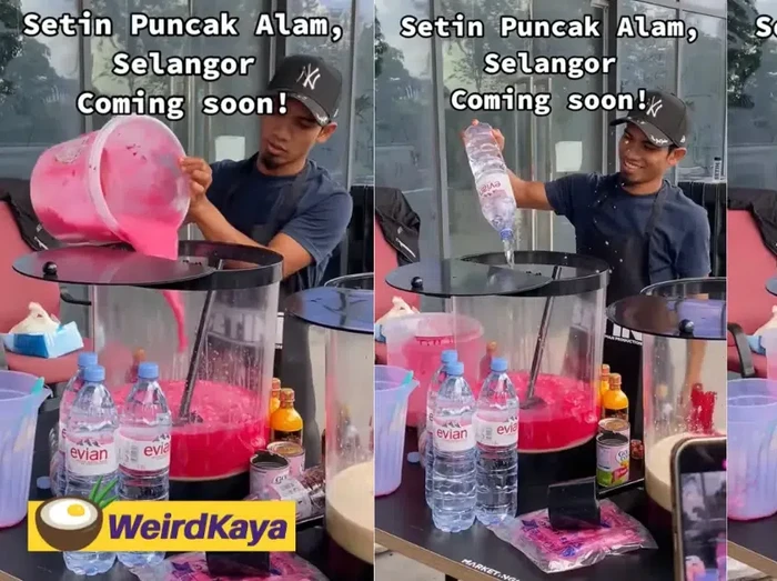 Penjual minuman kaki lima pakai air mineral merek Evian