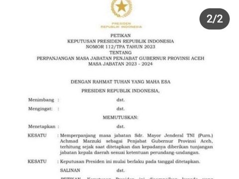 Salinan Keppres perpanjangan jabatan Achmad Marzuki sebagai Pj Gubernur Aceh. (Foto: Istimewa)